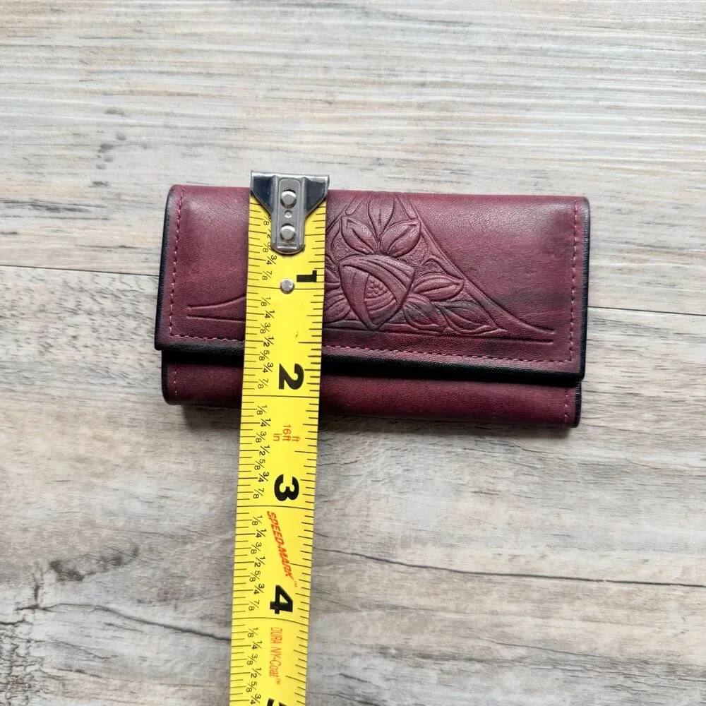 Vintage Rolfs Cowhide Genuine Leather Burgundy Key Holder Wallet Organize Floral